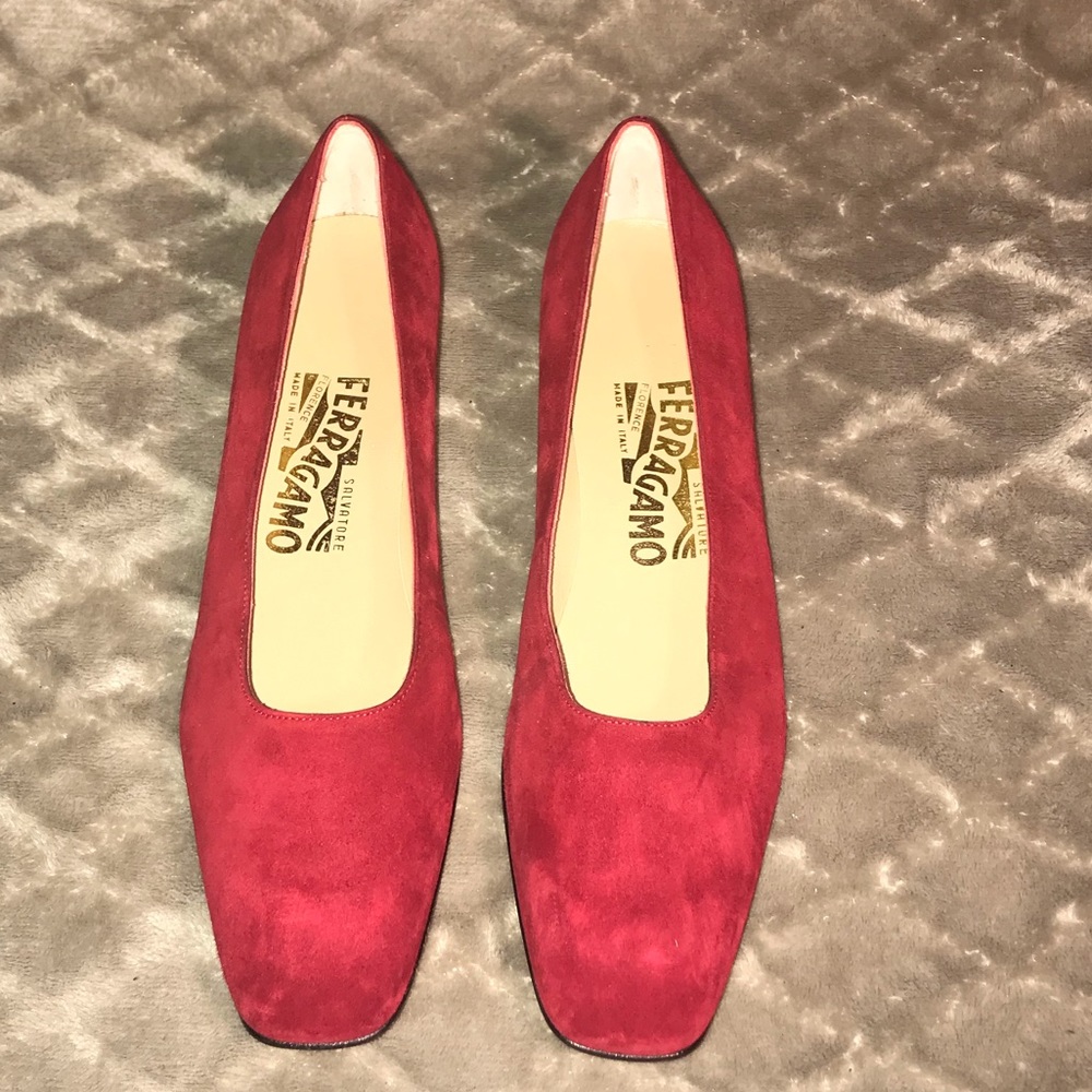 Salvatore Ferragamo red suede pumps